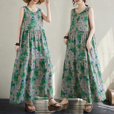 Летнее ретро деревенское свободное платье-пуловер без рукавов с круглым вырезом для женщин повседневные платья