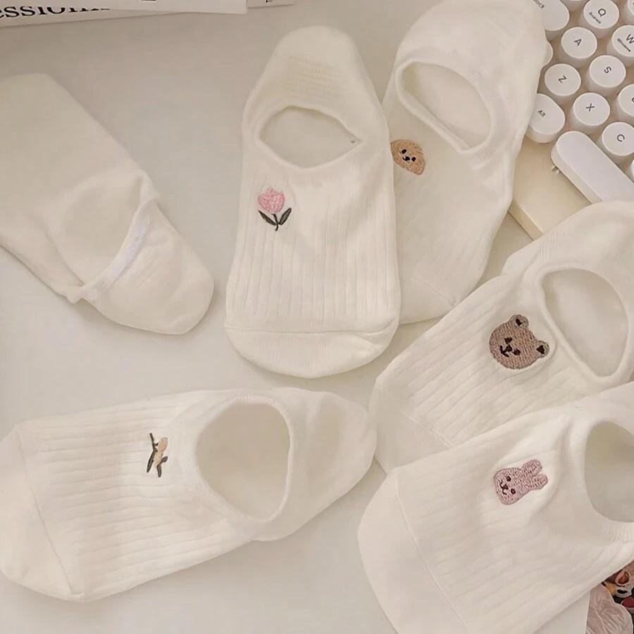 Набор из 10 пар женских носков-лодочек Модные универсальные носки до щиколотки Удобные дышащие мягкие милые носки с мультяшным рисунком белые носки