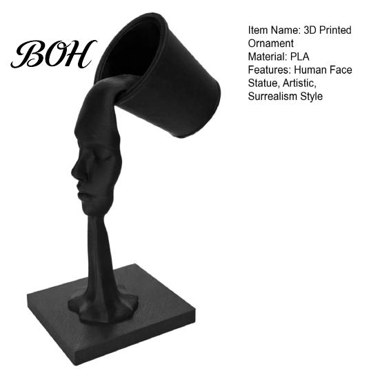 Minimalist Face Sculpture Abstract Human Sculpture, Surrealism Artistic Statue, 3D Printed Figurine Modern Black Floating Bucket for Home Table Shelf