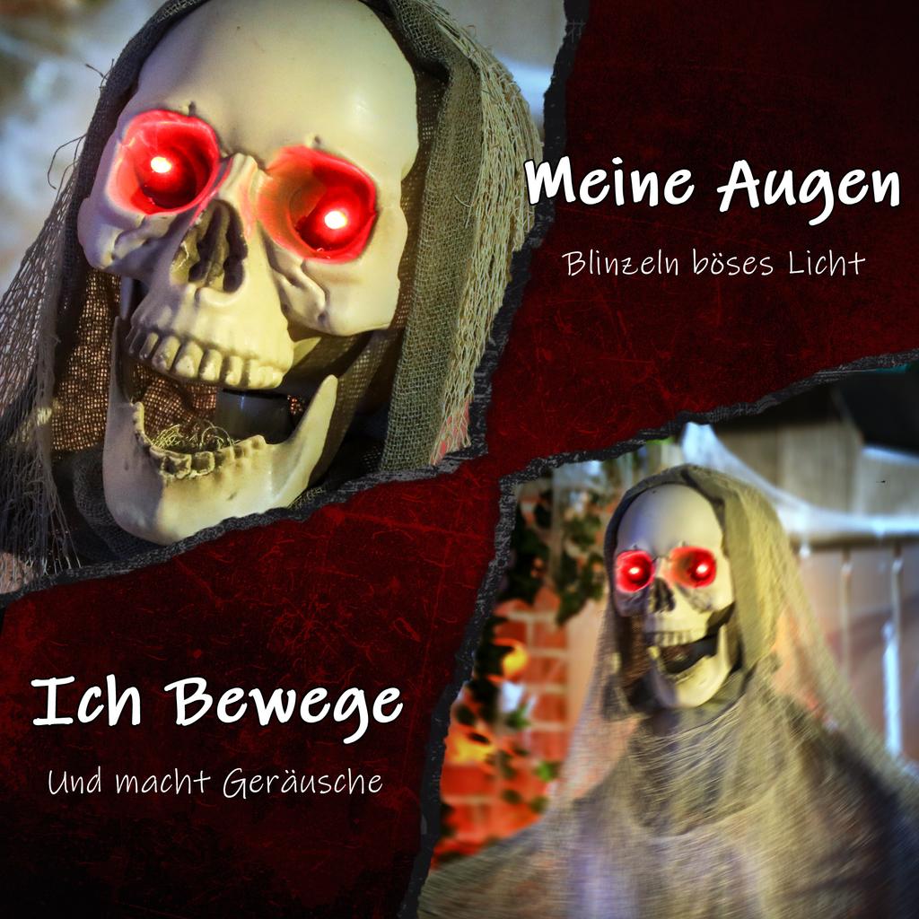 183 cm Life Size Halloween Animated Skeleton Grim Reaper with Glowing LED Eyes, Scary Halloween Decorations, Battery Operated, Indoor Party Props