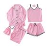 Women's 7-Piece Satin Pajama Set Sexy Cami Top Button Down Long Sleeve Top And Shorts Pants Sleepwear Pjs Set