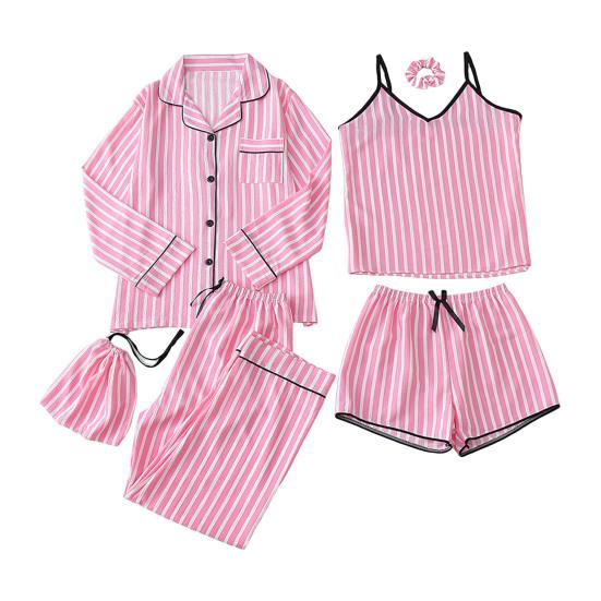 Women's 7-Piece Satin Pajama Set Sexy Cami Top Button Down Long Sleeve Top And Shorts Pants Sleepwear Pjs Set