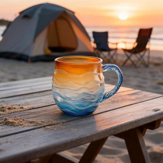Yousheng Sea Glass Sunset Mug Thickened Glass with Wave Texture Gradient Color Water Cup Non-Slip Handle Glassware for Coffee Juice Iced Drinks
