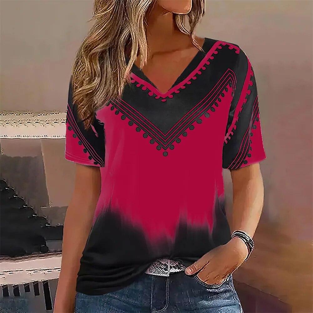 Gradient Pattern Women's T Shirt Summer V Neck Casual Short Sleeve Tees Female Oversized Harajuku Clothing Fashion Girls Blouse
