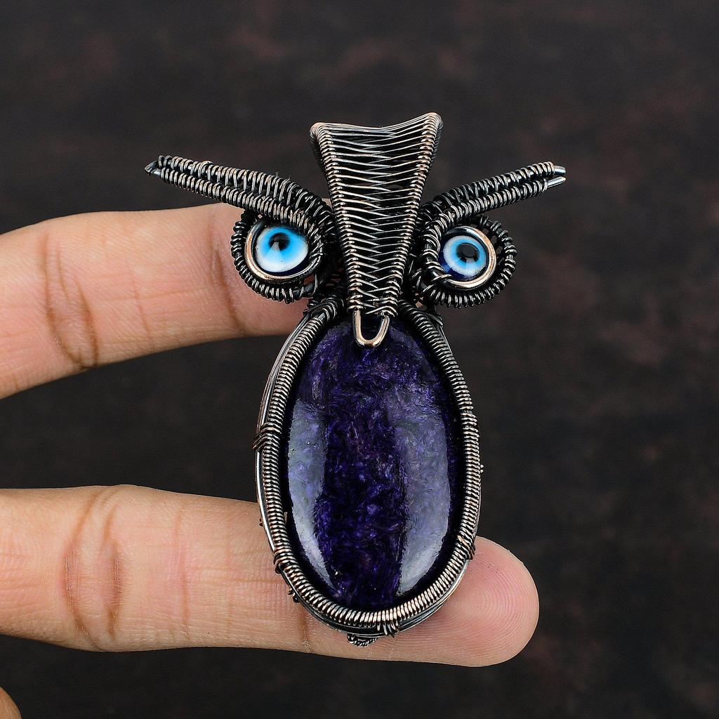 Подвеска из чароита, синяя подвеска от сглаза, медная проволока, ювелирное изделие ручной работы, подвеска из драгоценного камня, сова, медная подвеска, подарок для мамы