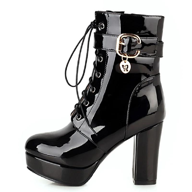 Lace Up Women‘s Ankle Boots Platform Fashion Heels Short Boot Female Leather Black Red White Fetish Party Dance Shoes Large Size