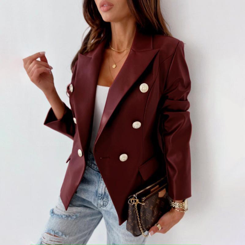 Женский осенне-зимний двубортный модный двубортный пиджак из искусственной кожи с длинными рукавами и лацканами