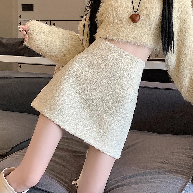 Xiaoxiangfeng шерстяная полуюбка с пайетками для женщин осенью и зимой, обтягивающая юбка А-силуэта с высокой талией, юбка с запахом ягодиц, короткая юбка