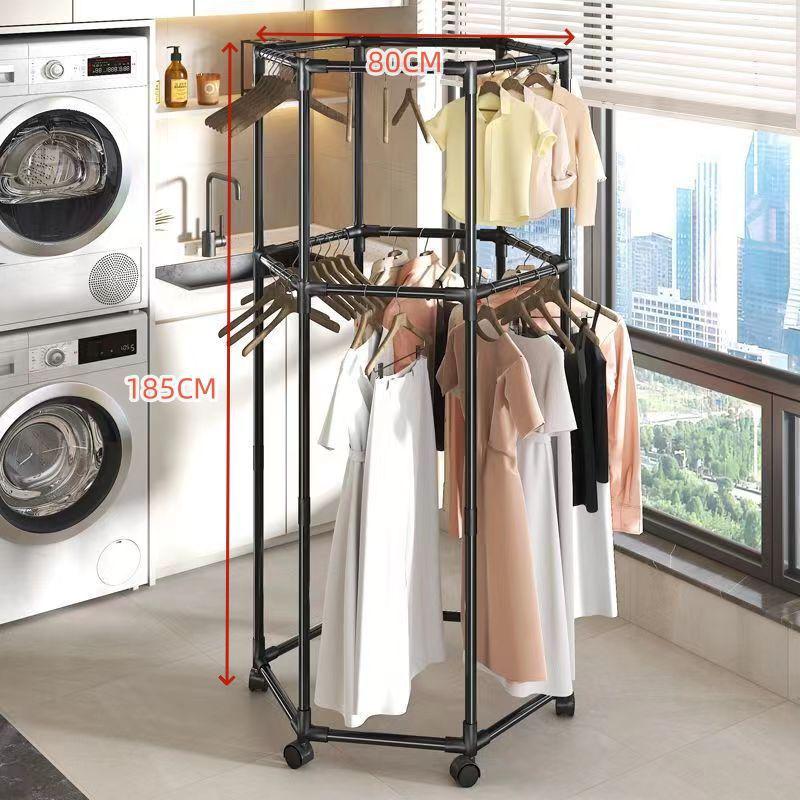 Hexagonal Rotating Indoor Clothes Drying Rack - Multi-Functional & Movable Floor-Standing Shelf