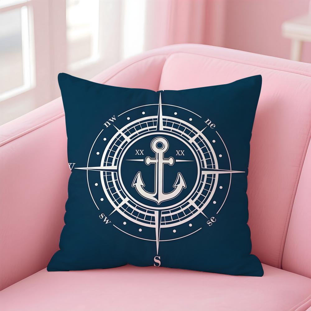 Ocean Blue Compass with Anchor Cushion Cover Pillow Case Soft Skin Friendly Fabric Concealed Zipper