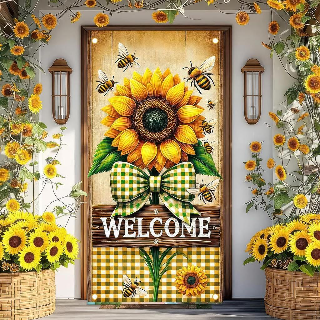Spring Sunflower Door Cover Welcome Spring Decorations Theme Party Photo Background Bee Flower Bow Backdrop Photography 35 x 70 in Spring Party