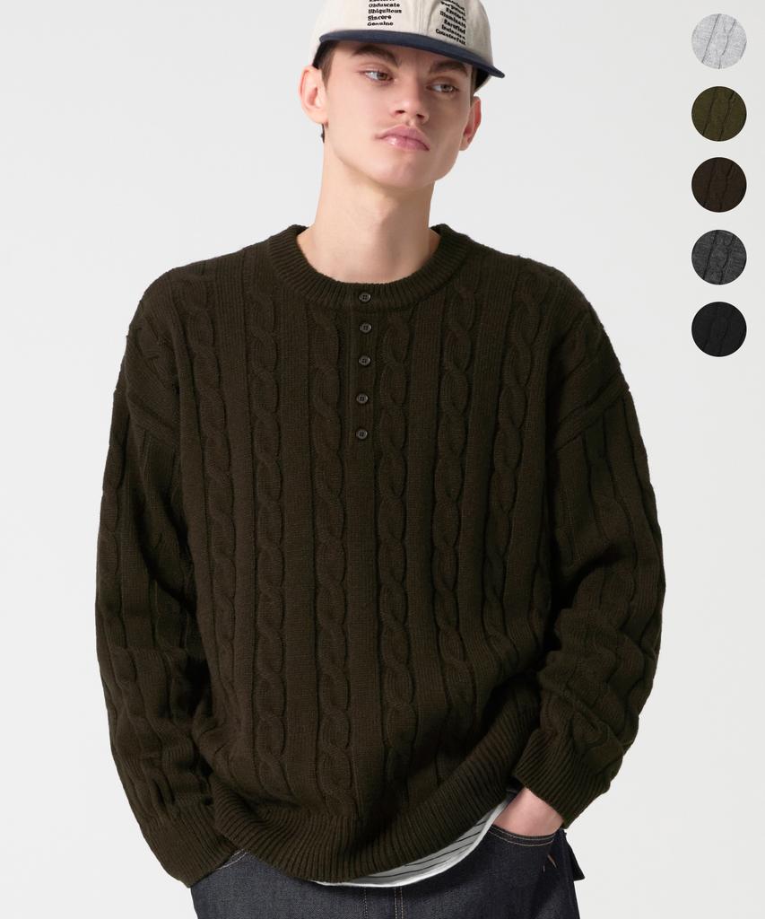 TRILLION Semi-Crop Henley Neck Cable Knit_5Color