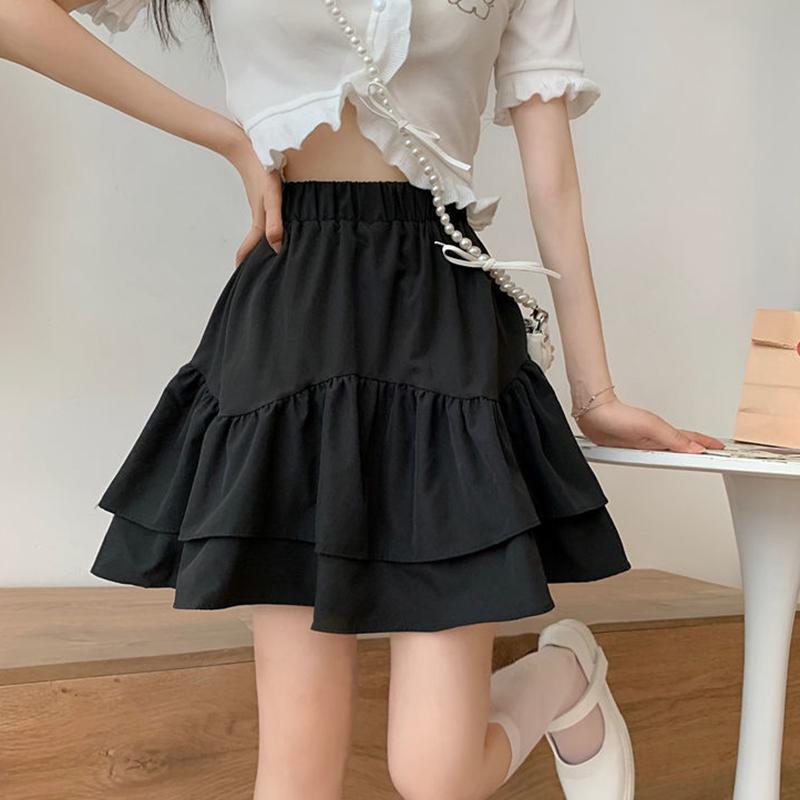 Skirts for Women Ruffled A-line Skirt Female Summer Thin Tutu Skirts Solid Color Preppy Style Elastic High Waist Casual Skirt