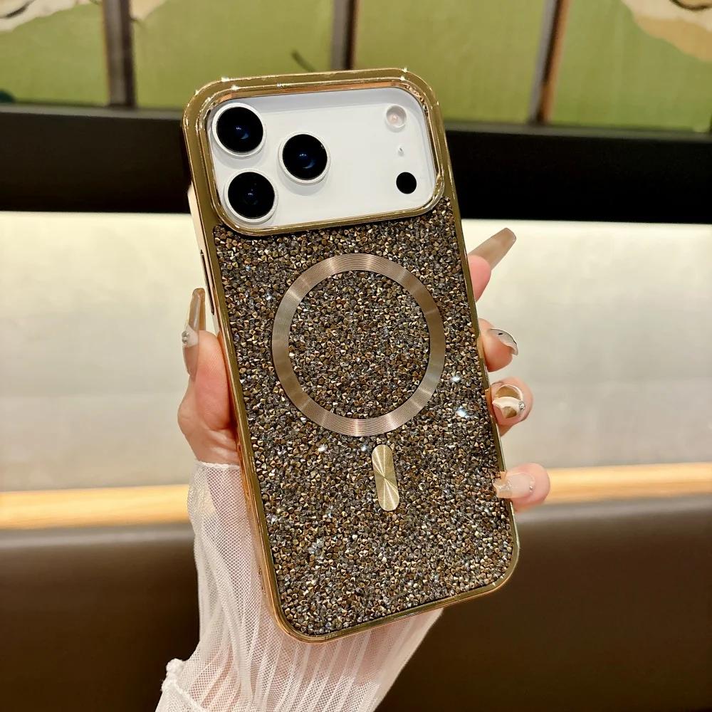 Чехол-бампер с блестками и алмазным покрытием по краю для iPhone 17 Pro Max Air 16 15 14 13 12 11 Plus, с поддержкой магнитной зарядки