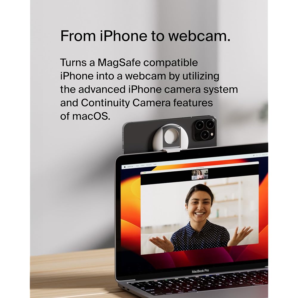 Belkin 3-in-1 Continuity Camera Mount for MacBook, Converts iPhone into a Webcam [Magnetic/Phone Ring/Bunker Ring/Phone Stand Function], Elastic Mater
