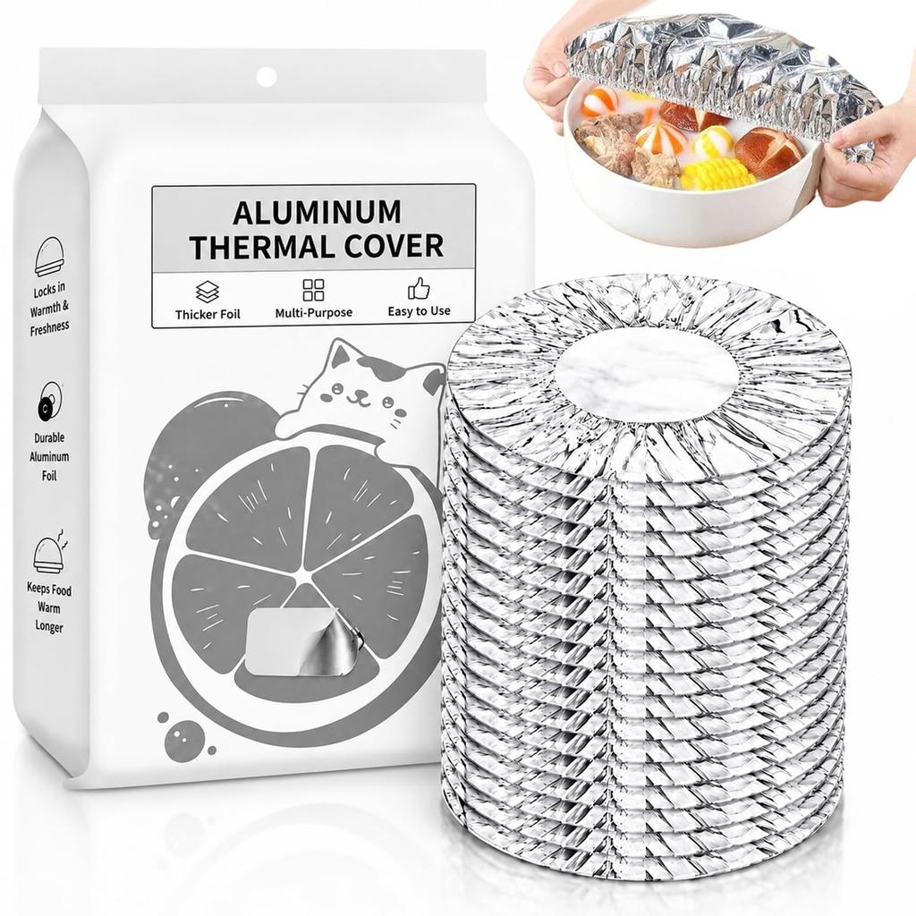 Reusable Aluminum Foil Food Covers 30 Pack - Stretchable Edges for Bowls, Plates and Food Containers, Heat Retention Temperature Range -60° to 140°