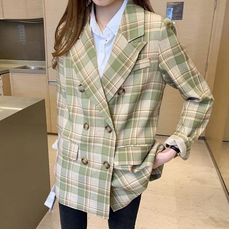 Женский осенний двубортный пиджак-пиджак винтажный свободный женский пиджак с карманами повседневная крутая верхняя одежда