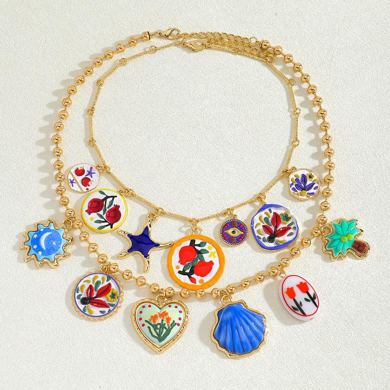Personality Painting Design Metal Geometric Palm Tree Flower Pendant Necklaces For Women Fashion Trend Jewelry Neck Accessories