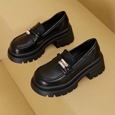 Модная женская обувь на толстом каблуке, весенняя новинка, круглый носок, глубокий вырез, металлическая пряжка, толстая подошва, нескользящие, износостойкие лоферы