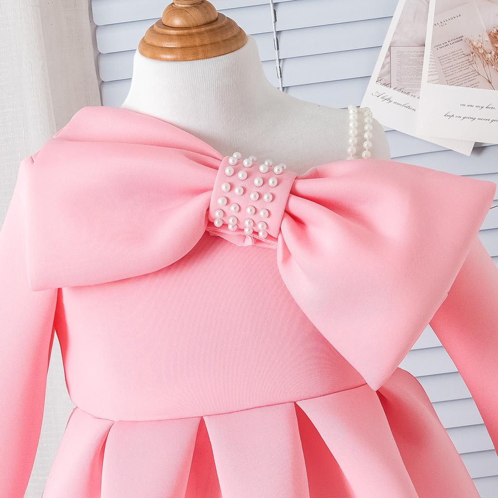 Милое детское платье 2025 года, весна-осень, жемчужный бант, халтер, платье с длинными рукавами для девочек