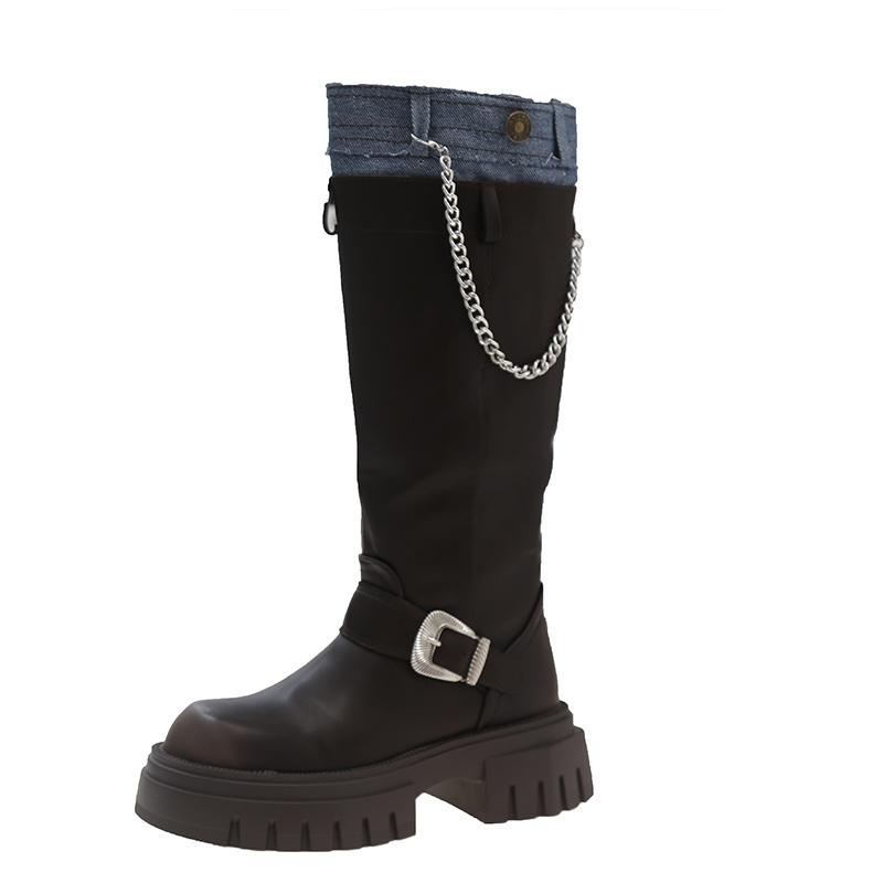 Модные женские ботинки Chelsea в стиле пэчворк с цепочкой и цепочкой на платформе, высокие дизайнерские туфли на среднем каблуке 2024 года, новый тренд зимы в готическом стиле, Zapatos Mujer