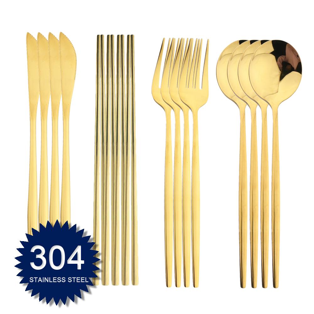 Набор столовых приборов из нержавеющей стали 304, 16 предметов, столовая посуда, золотые столовые приборы, кухонные ножи, вилки, ложки, палочки для еды, основные столовые приборы для кухни