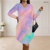 Women Plus Size V Neck Long Sleeve Printed Dress Loose Fit Curved Hem Black Blue Purple Green