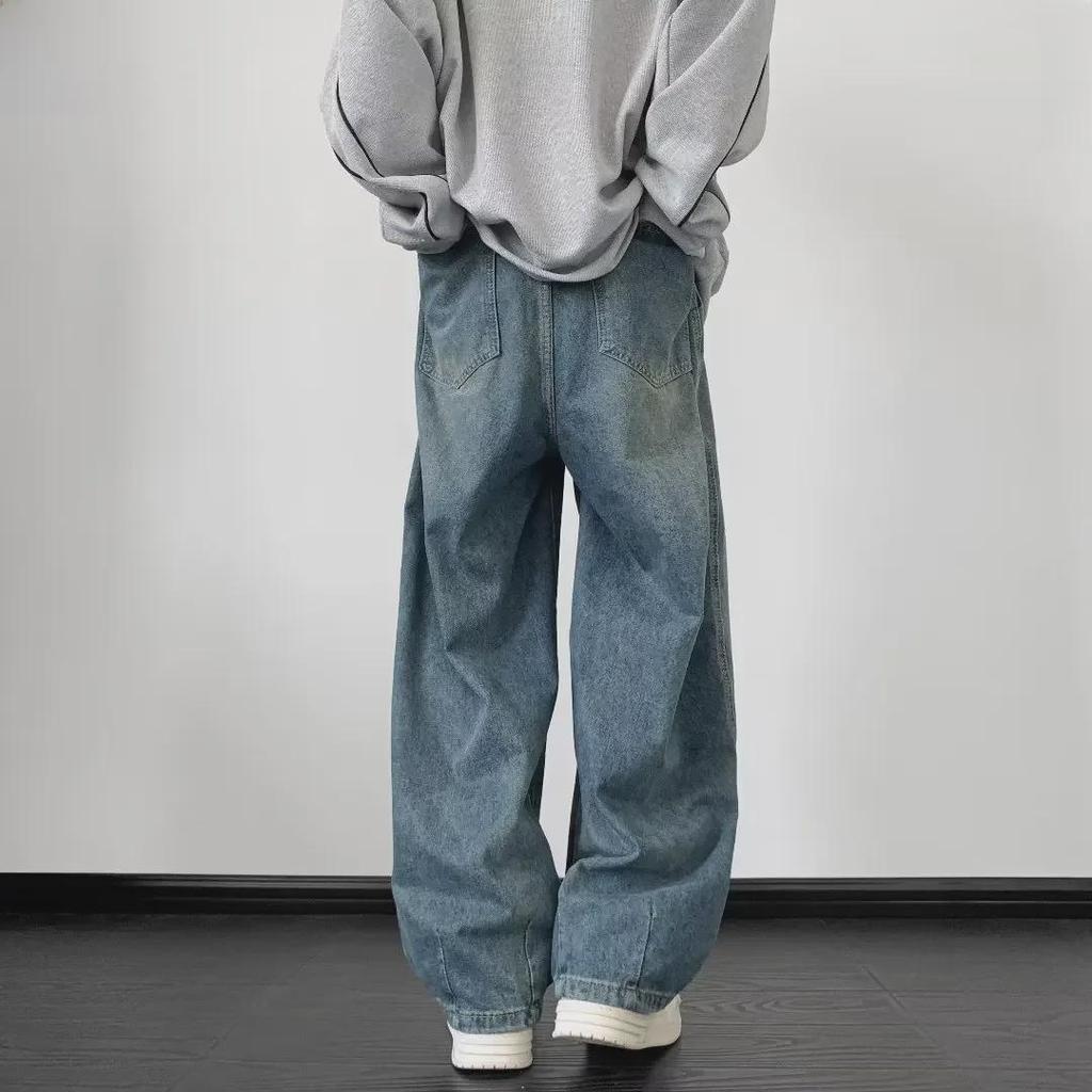 Мужские джинсы American Retro с завязками на резинке: Модные, свободные, широкие штанины, эластичный пояс, повседневные брюки в стиле High Street