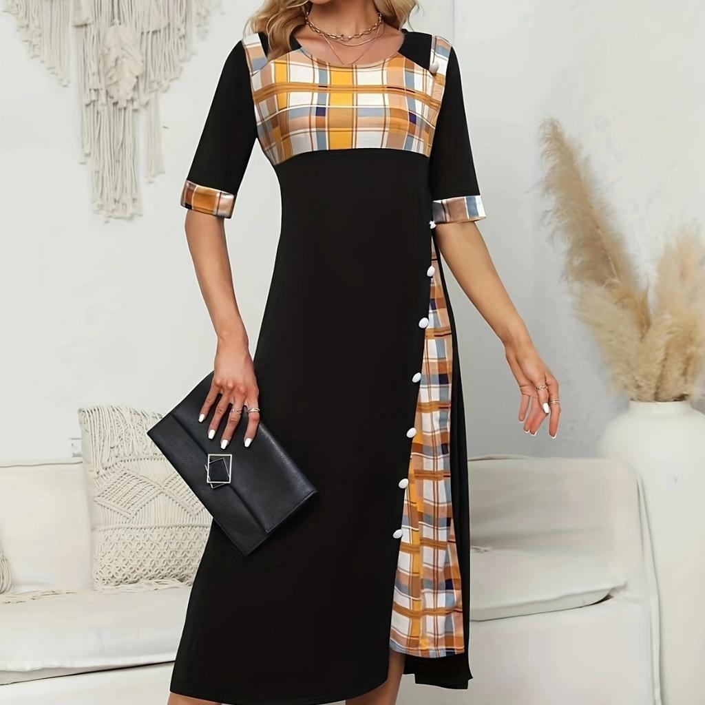 Женское винтажное длинное платье больших размеров со средним рукавом и круглым вырезом с принтом