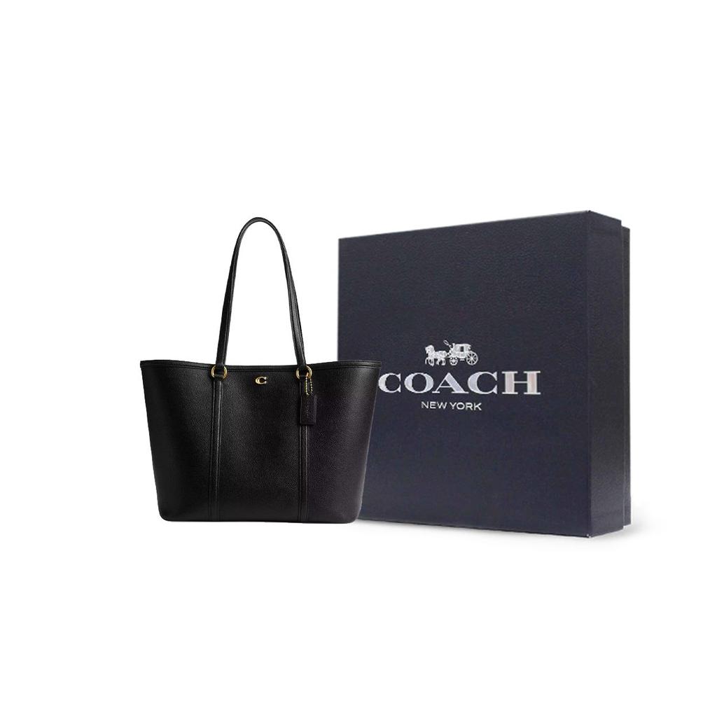 Coach 28 Сумка-тоут с металлической застежкой-кнопкой и логотипом Полированная кожа с текстурой гальки Женские сумки-тоут Черная CU056-B4BK