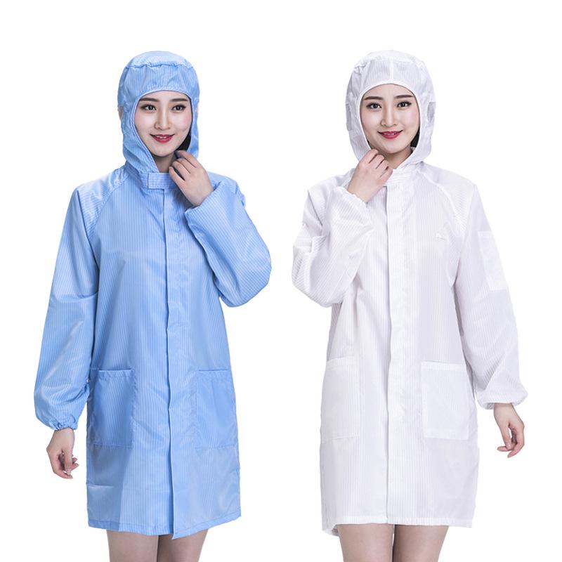 Unisex Anti-Static Dustproof Lab Coat with Hood - Long Sleeve, Blue/White for Cleanroom & Workshop.