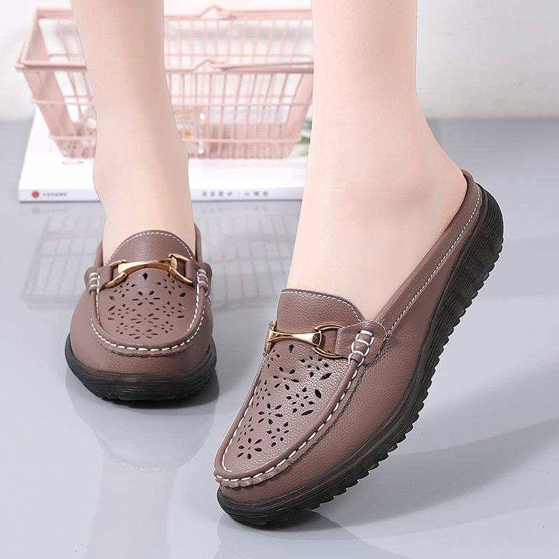 Casual Single Shoes Women's Summer Breathable Non-slip Half-drag Mother Shoes Soft-soled Comfortable Hole Shoes Doudou Shoes