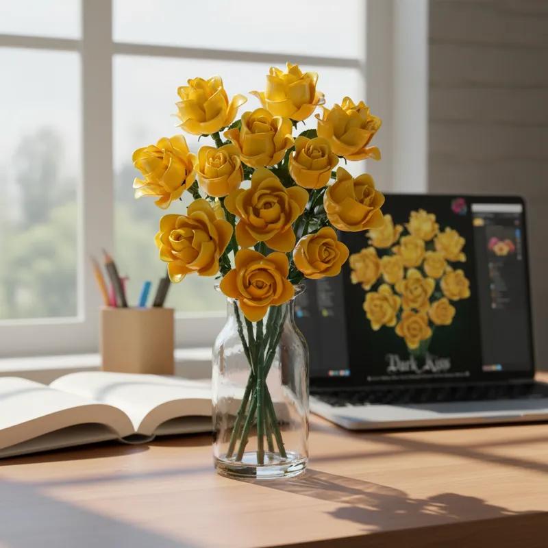 585Pcs Gothic Black Pink Blue Rose Flower Bouquet Building Blocks Set Creative Decoration Valentine Gift Idea Beautiful Box