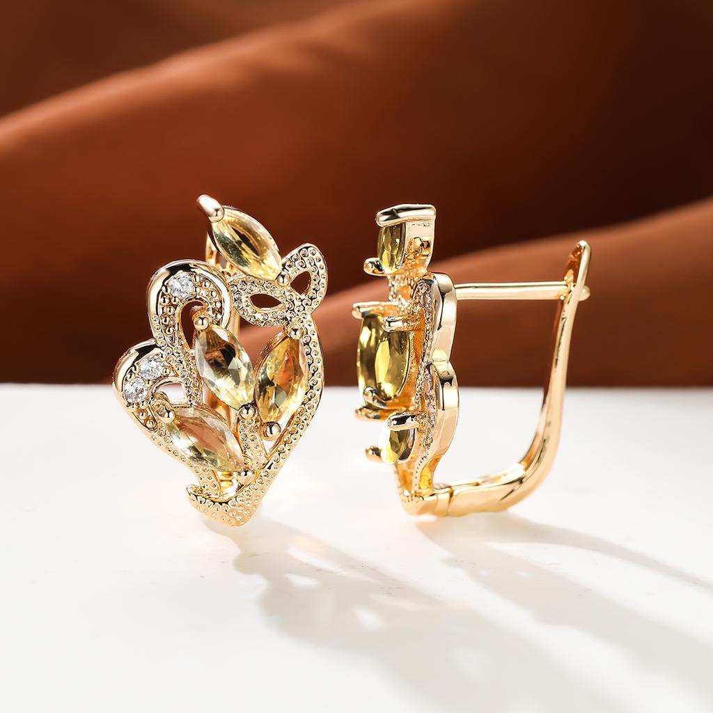 1 пара серег золотого цвета с радужным камнем и цветочным узором в виде листьев, красные, желтые, синие, зеленые, висячие полые серьги с камнями