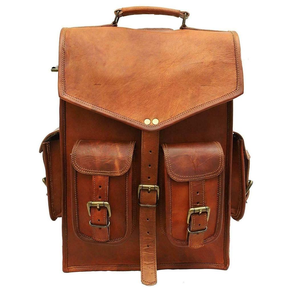 Classic Premium Brown Genuine Goat Leather Laptop New Messenger Satchel Backpack