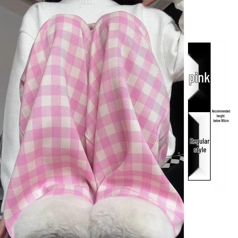 Женские розовые клетчатые свободные брюки прямого кроя с высокой посадкой и широкими штанинами - Весна/Осень 2025