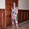 Womens Lightweight Silk-Like Pajama Set Long Sleeve Floral Print Lounge Wear