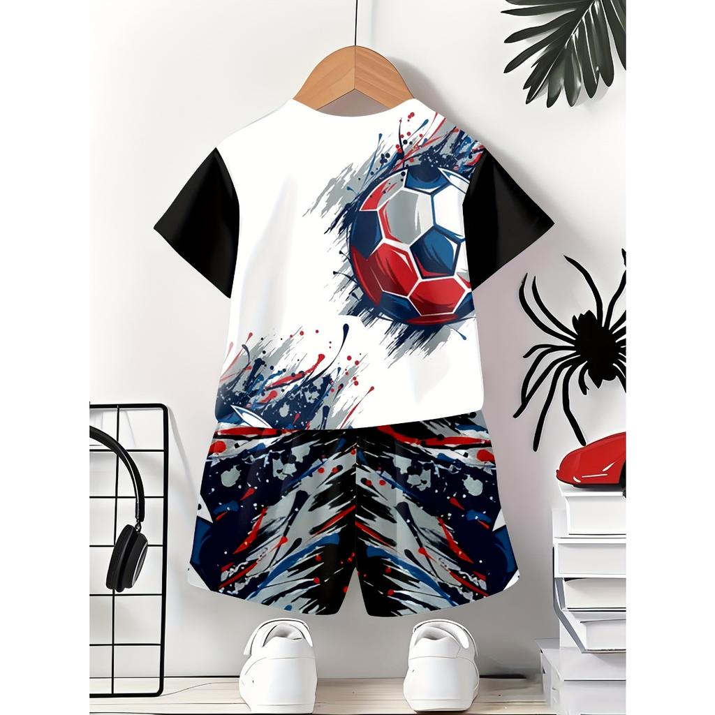 Summer 2025 fashion and casual 3D printed football pattern polyester breathable and lightweight children's set