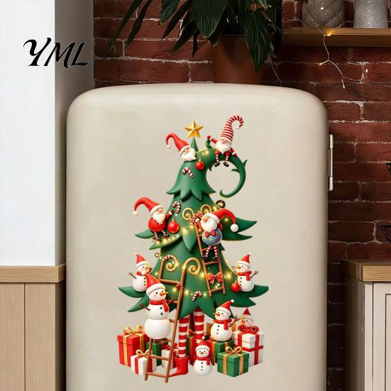 Outdoor Glass Door Holiday Decorations Christmas Tree Window Stickers with Gnome And Snowman, Removable Stickers, PVC Decorative for Windows