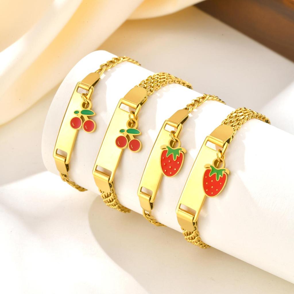 Vnox Customized Baby Bracelets With Fruit Pendant, Stainless Steel Cuban Mesh Chain Free Engraving Bar, Jewelry Birthday Gift