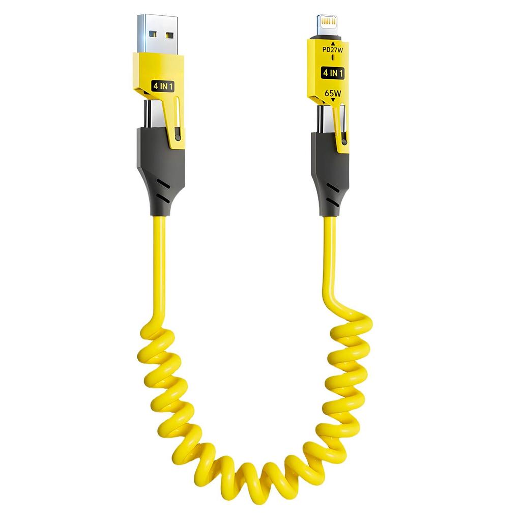 Кабель для быстрой зарядки 4-в-1 мощностью 65 Вт с разъемами USB Type-C и Lightning, телескопическая конструкция с пружиной