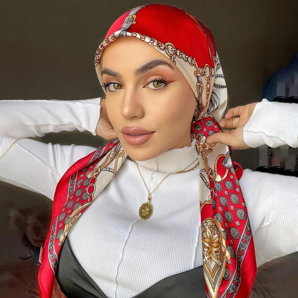 Luxury Brand Muslim Chain Print Square Hijab Scarf Imitation Silk Satin Shawl Mature Matching Sunscreen Head Wrap