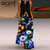 Summer Women's Sleeveless Long V-Neck Printed Jade Flower Dresses