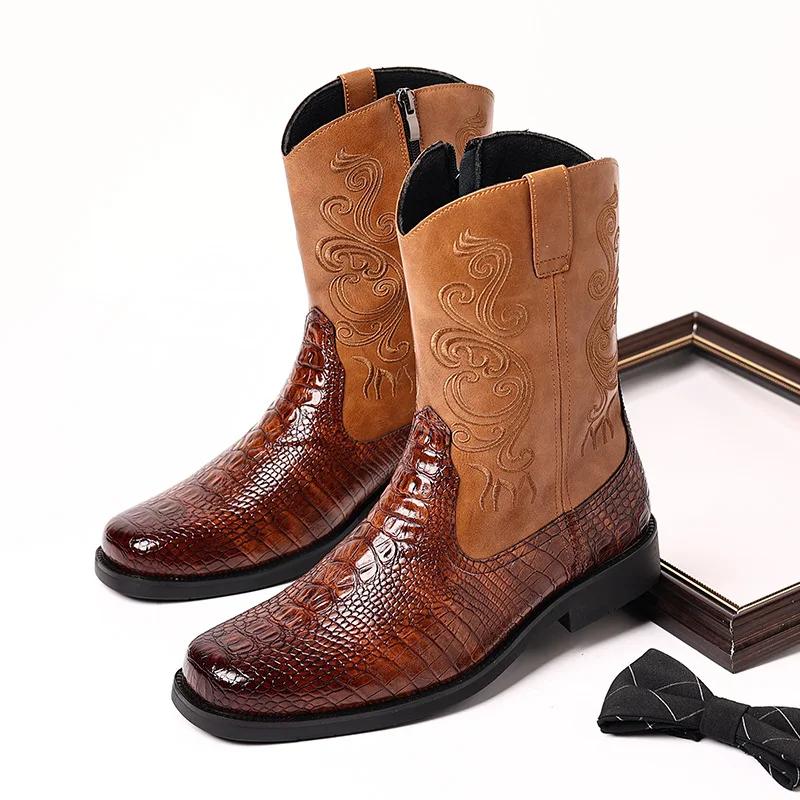 38-46 Men'S Classic Retro Western Cowboy Riding Boots Embossed Leather Embroidery Mid-Calf Boots Men British Style Casual Shoes