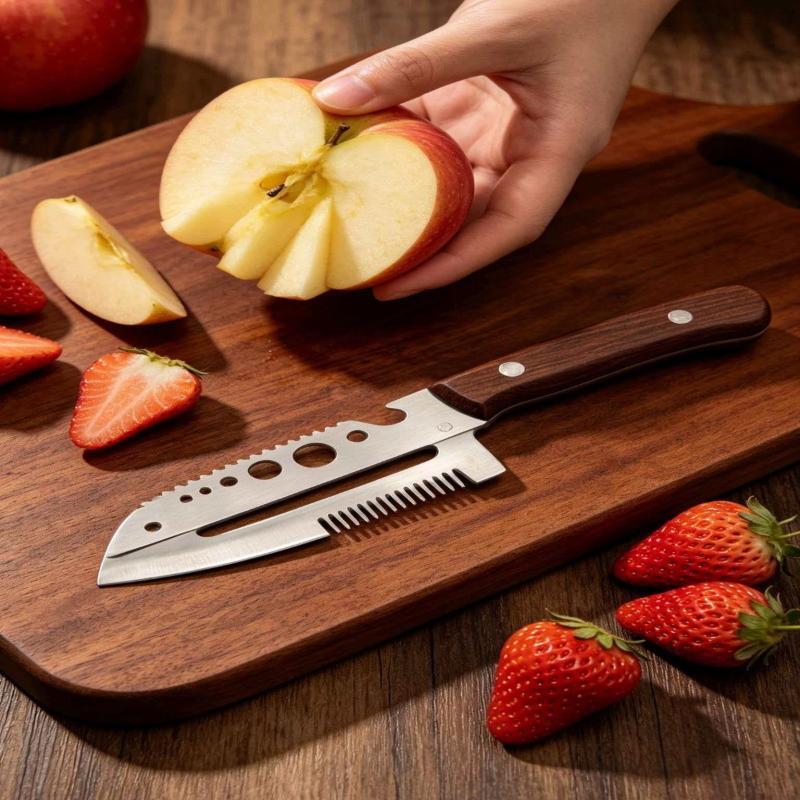 Многофункциональная овощечистка для кухни с деревянной ручкой и открывалкой для бутылок, 3 в 1, из нержавеющей стали, для нарезки зеленого лука