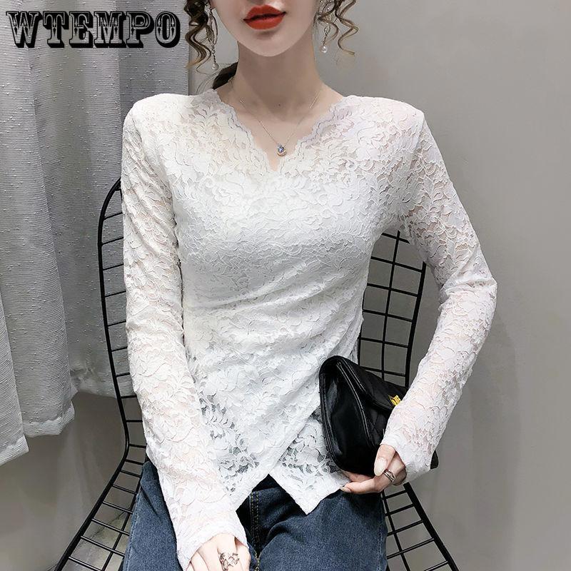 Autumn and Winter Padded Sexy V-neck Long-sleeved Cross Slim Age-reducing Blouse Hundred Lace Bottoming Shirt