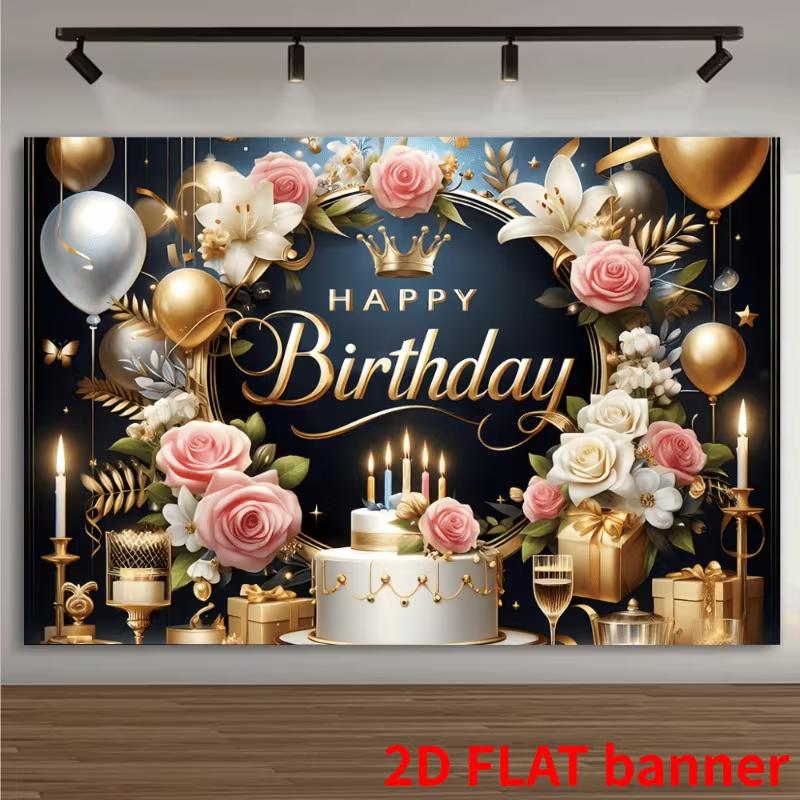 2D Floral Crown Birthday Backdrop, Luxury Black Gold Party Decoration Banner