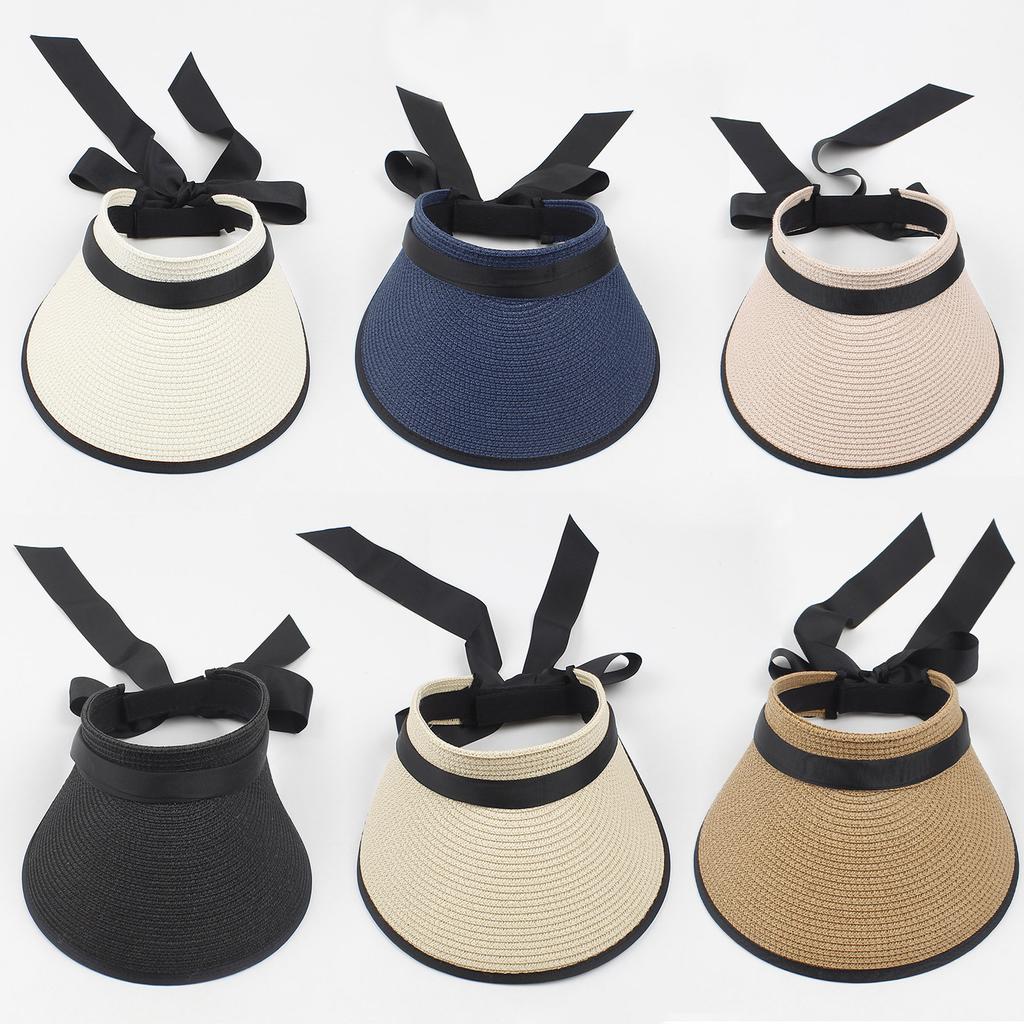 Women Sun Visor Hat Adjustable Wide Brim Bowknot Straw Hat Beach Hat