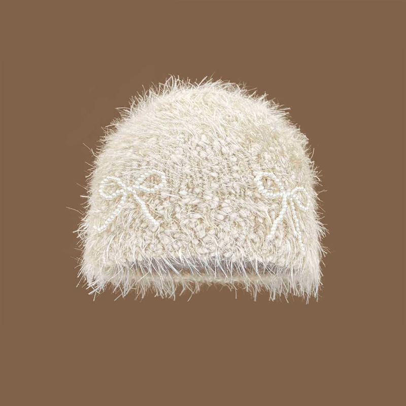 Осень и зима, новая шапка с рукавами, женская плюшевая жемчужная вязаная шапка с бантом, мягкая липкая вязаная шапка