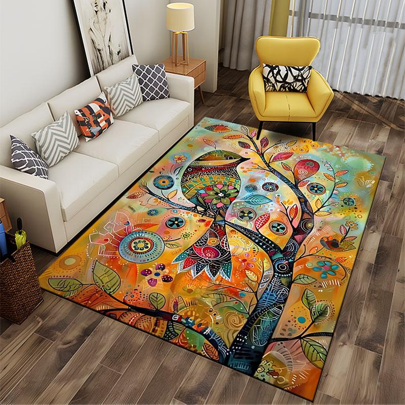 Colorful Bird and Tree Art suitable as a non-slip mat for the living room or bedroom sofa